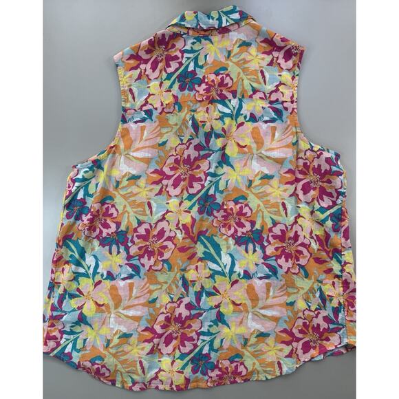 Womens Linen Floral Sleeveless Polo Large Lightweight Flowy Tropical Vacation - Picture 7 of 9